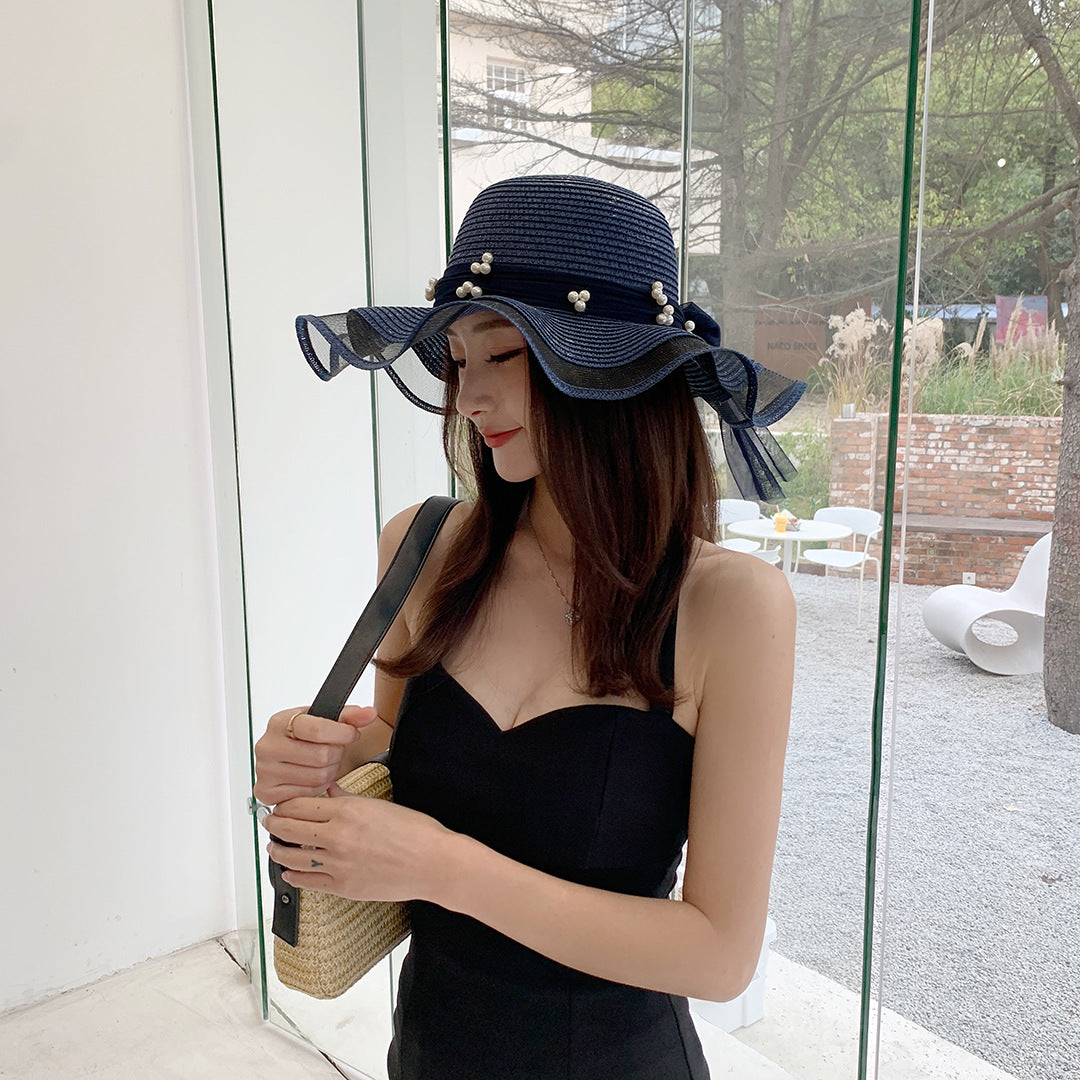 Big Brim Bow Ribbon Beach Hat Summer Outdoor Sun Hat Wave Straw Hat Lace Edge Pearl Sun Hat