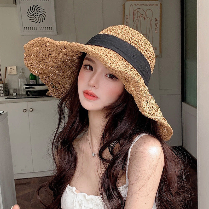 New Straw Hat Women's Summer Lace-up Beach Foldable Vacation Summer Hat