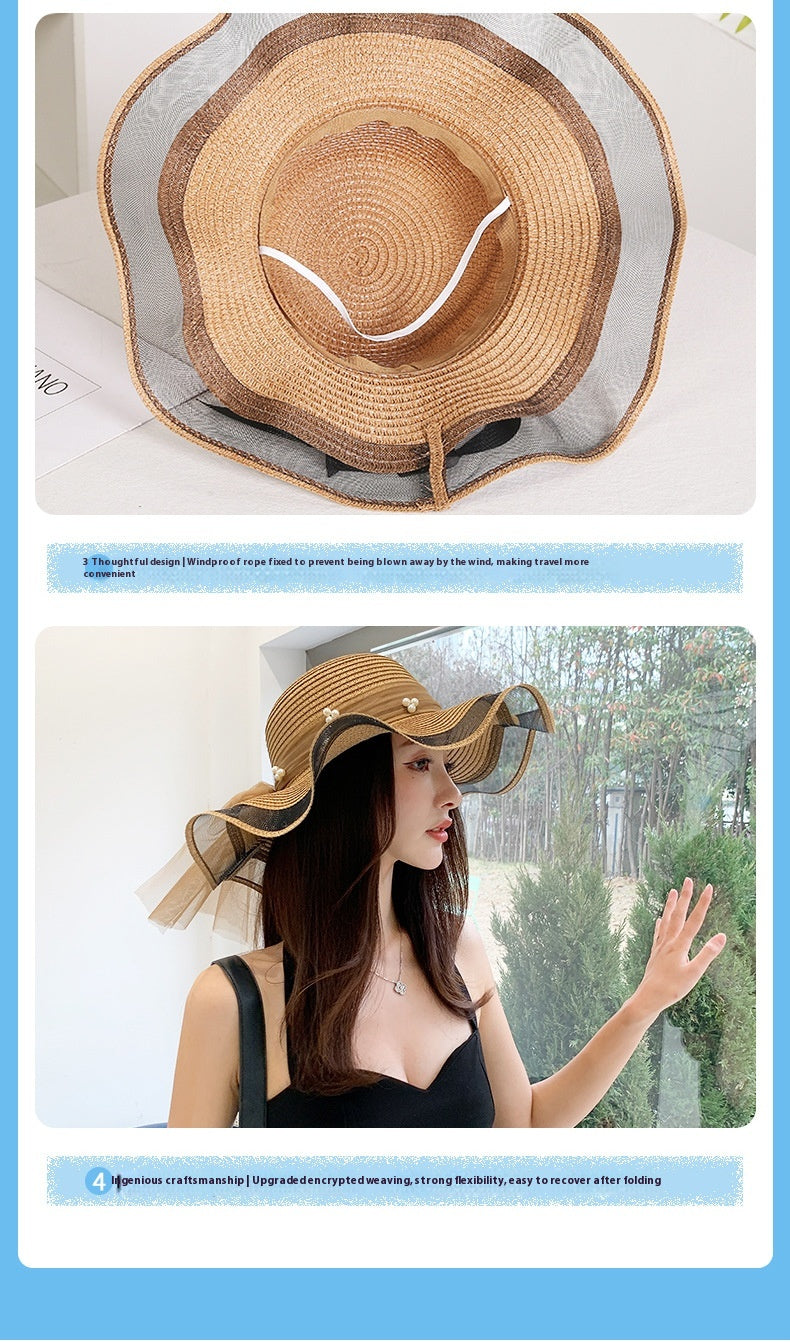Big Brim Bow Ribbon Beach Hat Summer Outdoor Sun Hat Wave Straw Hat Lace Edge Pearl Sun Hat
