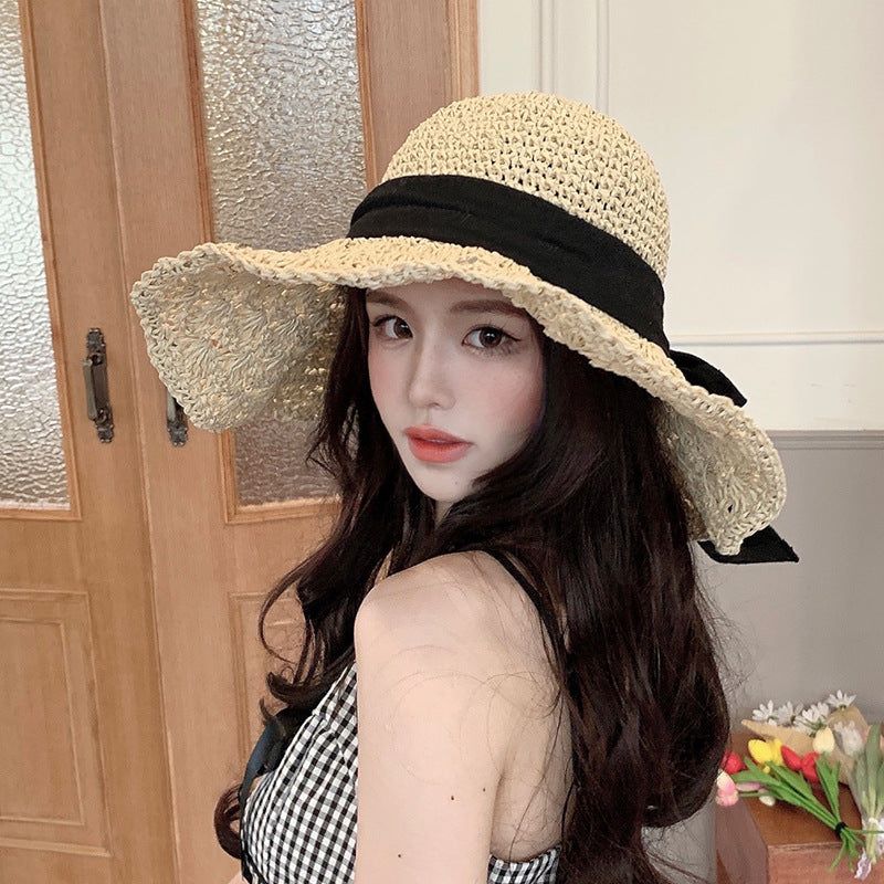 New Straw Hat Women's Summer Lace-up Beach Foldable Vacation Summer Hat
