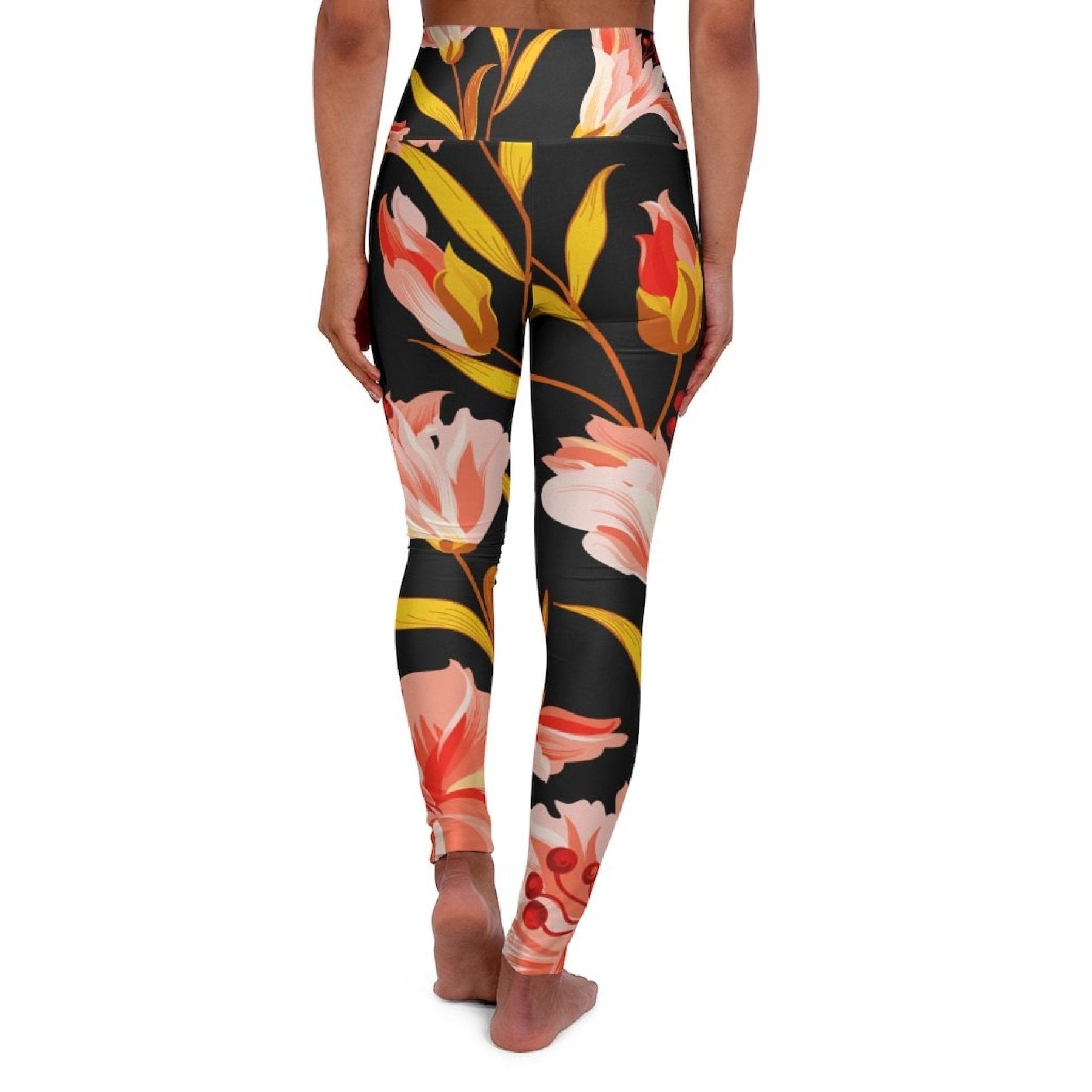 Womens High Waist Fitness Leggings - Pink and Gold Floral