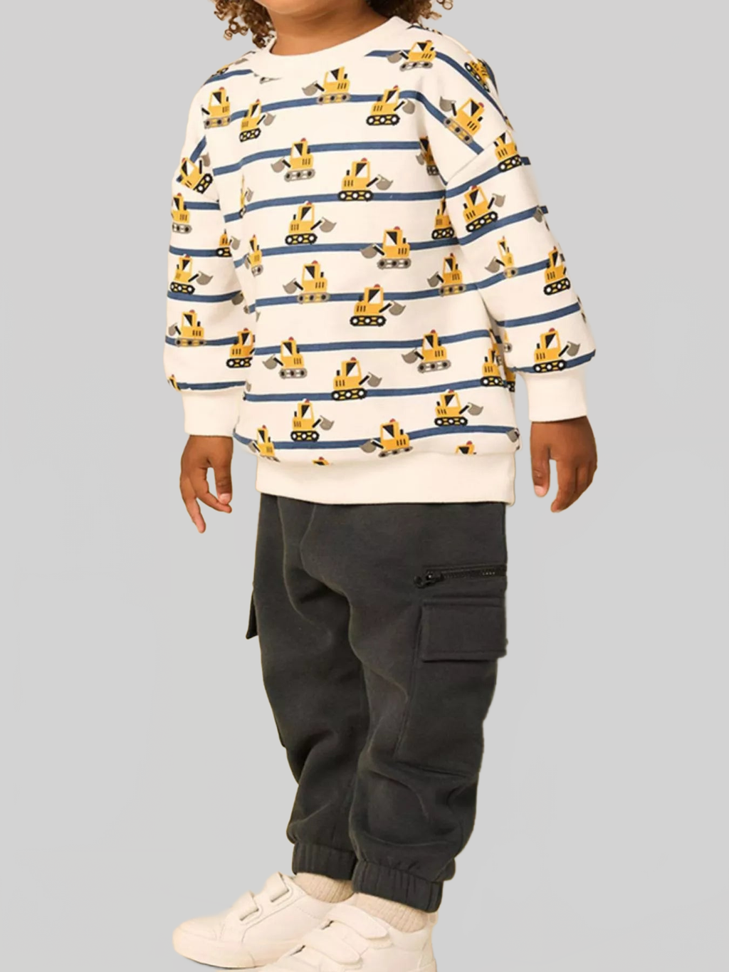 Toddler Boys Excavator Print Striped Crew Neck Sweatshirt