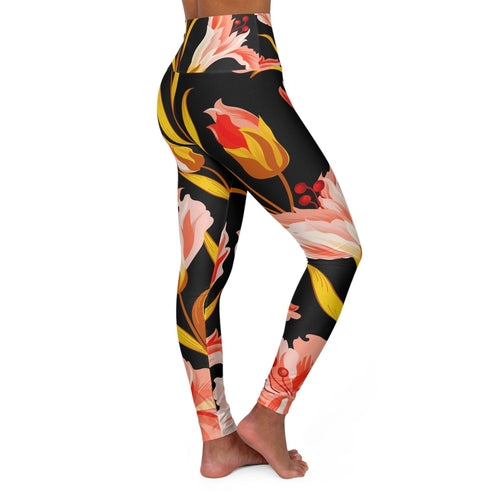 Womens High Waist Fitness Leggings - Pink and Gold Floral